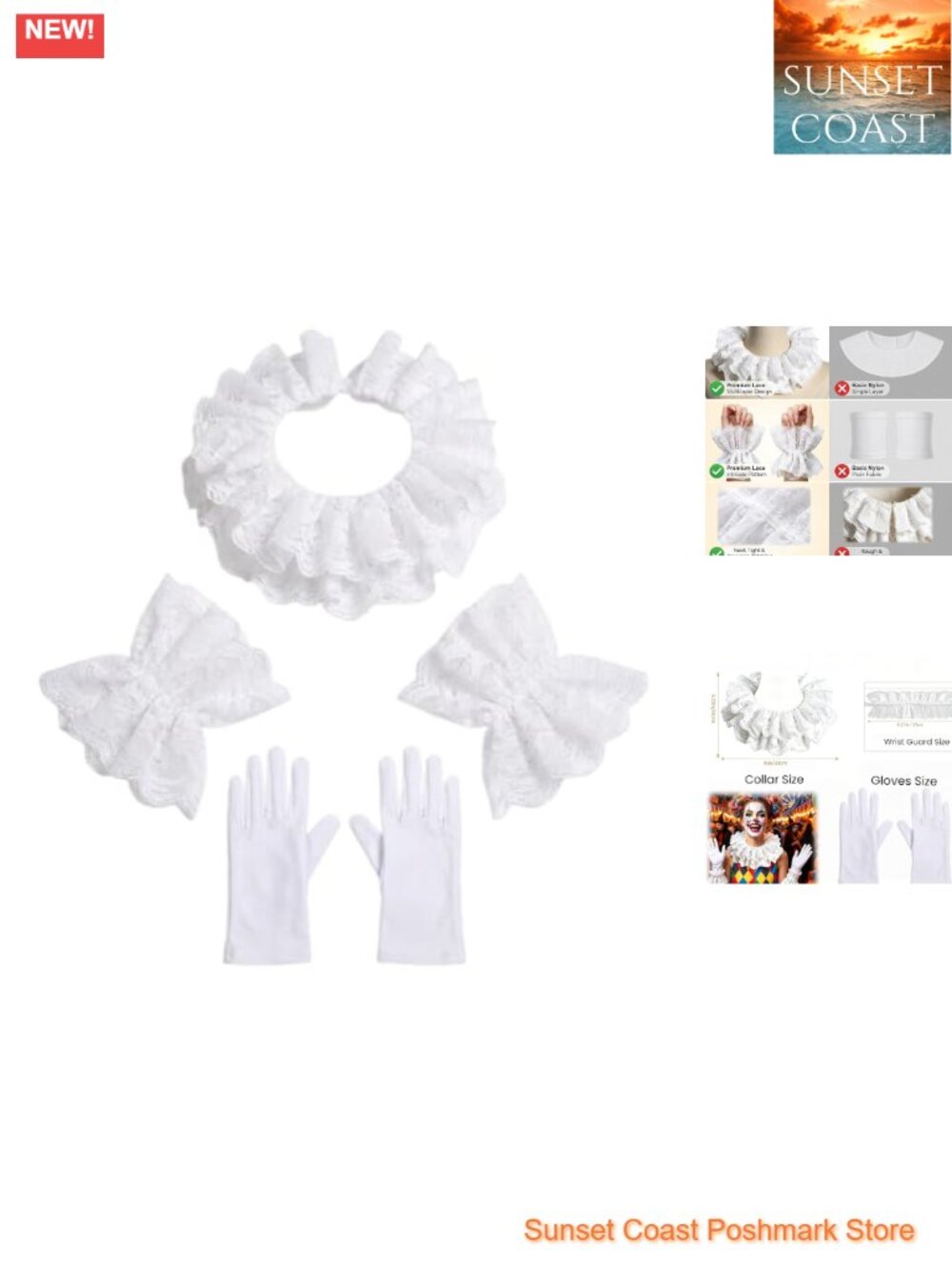Ruffled Neck Collar Cuffs Set with White Gloves Victorian Lace Costume